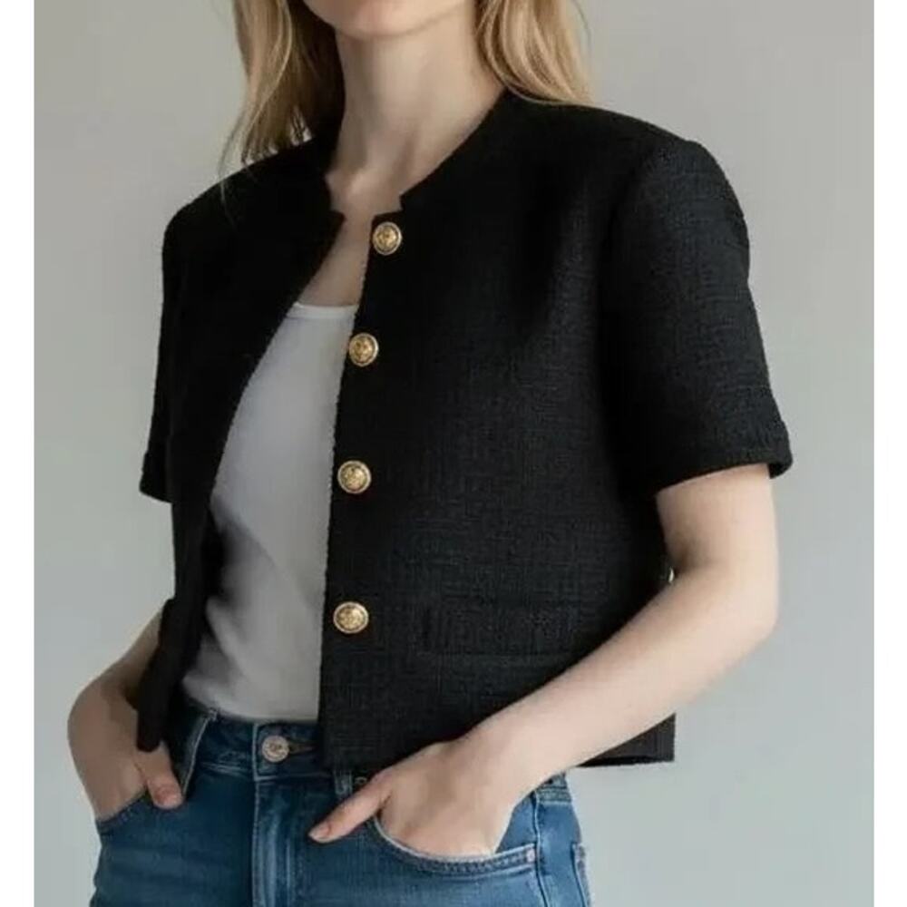 Derek Lam 10 Crosby Short Sleeve Cropped Tweed Blazer Jacket Black Small
